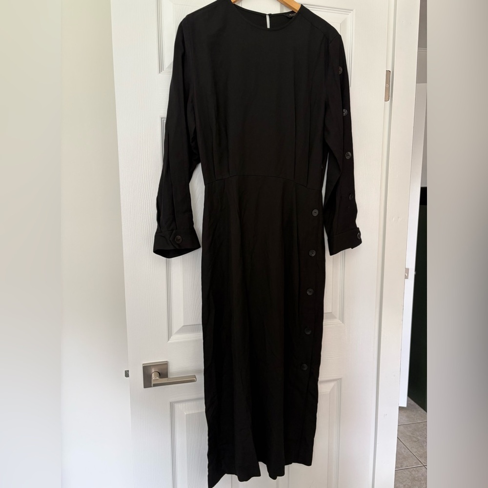 NWT Massimo Dutti Black Long-Sleeve Maxi Dress with Button Detailing.